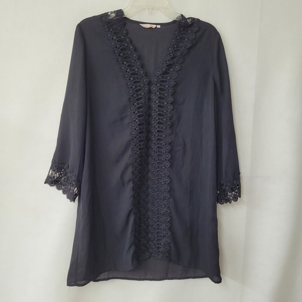 Miyang Black Tunic Dress with Crochet Trim - Elegant Casual Cover Up Medium